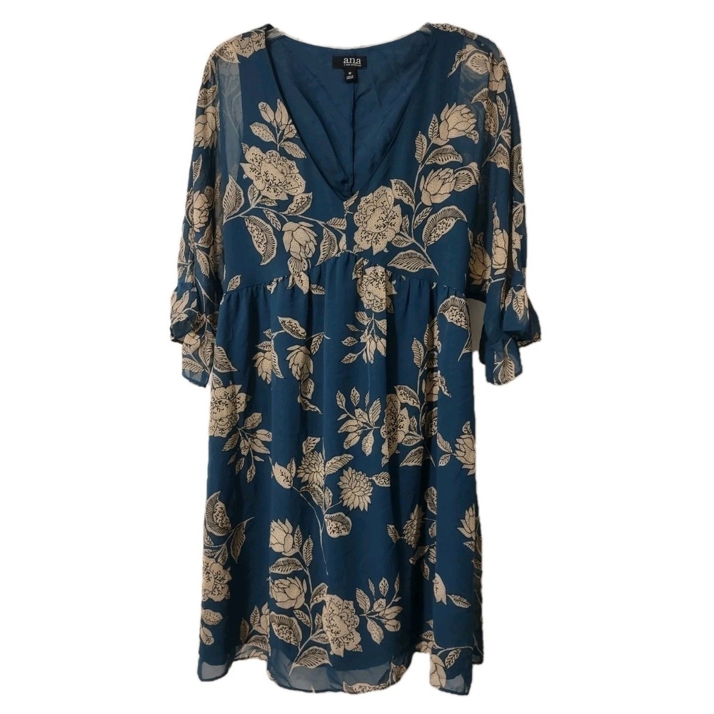 Dress a.n.a Blue Floral Medium Womens Boho‎ Cottagecore Whimsical Retro V-Neck